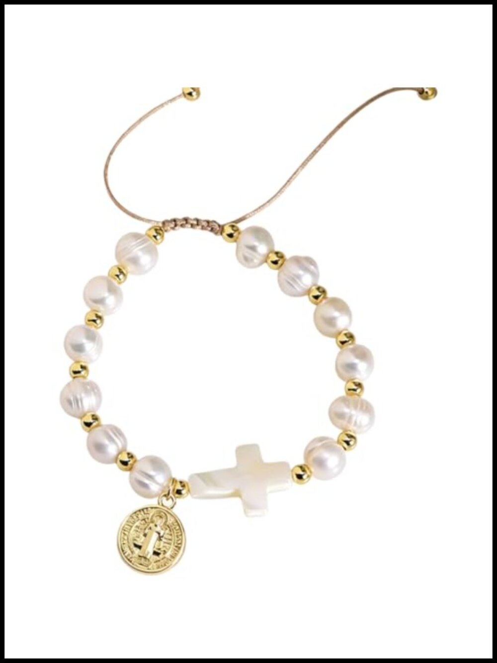 Cultured Pearl Bracelet with Vintage Religious Cross Charm - Adjustable Woven